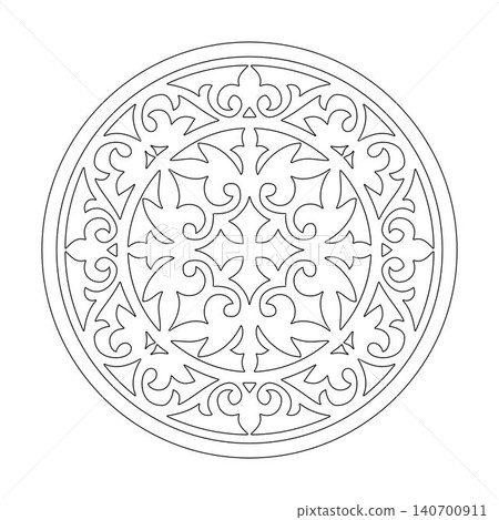 Kazakh national round black outline frame ornament. Ethnic pattern. Asia ornament Kazakh, Kyrgyz, Mongol, Turkmen. For textile, sandblasting, ceramic, engraving, embroidery, coloring, plate Kazakh national round black outline frame ornament. Ethnic pattern. Asia ornament Kazakh, Kyrgyz, Mongol, Turkmen. For textile, sandblasting, ceramic, engraving, embroidery, coloring, plate 140700911