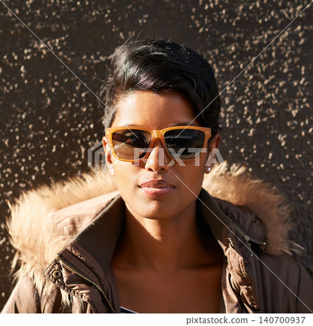 Woman, sunglasses and portrait with confidence by wall for trendy style, cool clothes and fashion. Female person, jacket and serious face with shades for satisfaction, summer and carefree relaxing Woman, sunglasses and portrait with confidence by wall for trendy style, cool clothes and fashion. Female person, jacket and serious face with shades for satisfaction, summer and carefree relaxing 140700937