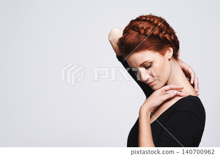 Woman, hair and braid crown for beauty, elegant hairstyle for glamour and redhead on white background. Haircare, shine and texture in studio with luxury and plait, cosmetic care and mockup space Woman, hair and braid crown for beauty, elegant hairstyle for glamour and redhead on white background. Haircare, shine and texture in studio with luxury and plait, cosmetic care and mockup space 140700962