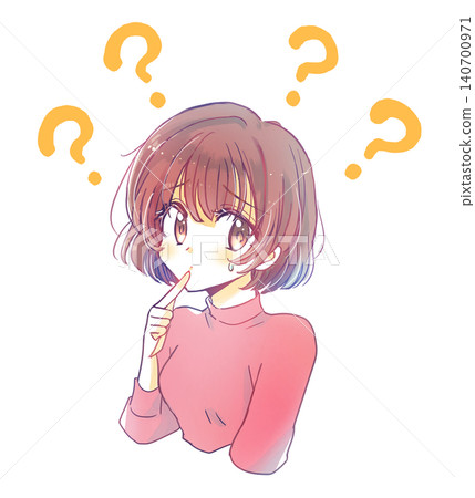 一位女子手指放在嘴唇上,神情憂慮,眉毛下垂。 (問號) 一位女子手指放在嘴唇上,神情憂慮,眉毛下垂。 (問號) 140700971