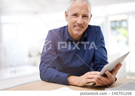Tablet, app and portrait of senior man in house streaming, reading or ebook sign up. Face, smile or elderly male person with digital, search or online for internet or subscription service 140701206