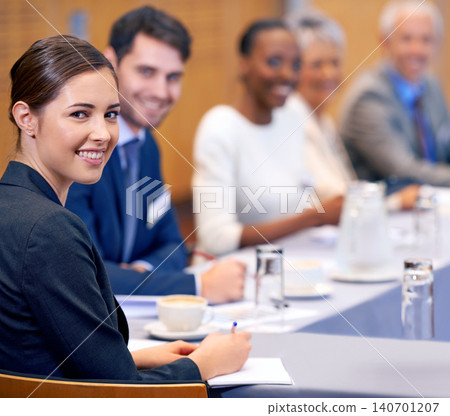 Happy woman, portrait and business with team in boardroom, meeting or discussion at the office. Group of corporate employees with smile for conference, planning or collaboration at the workplace 140701207