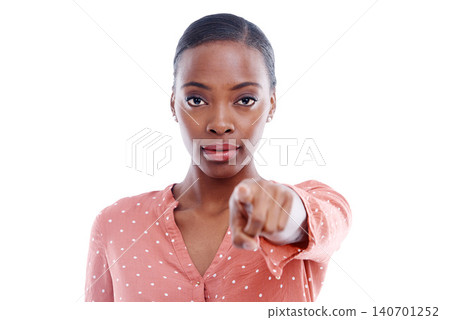 Studio, serious face and portrait of black woman with point for decision, choice and blame you. African person, hand and gesture with vote for warning, suspicious and selection on white background Studio, serious face and portrait of black woman with point for decision, choice and blame you. African person, hand and gesture with vote for warning, suspicious and selection on white background 140701252