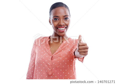 Black woman, portrait and thumbs up for agreement or feedback, yes and like emoji on white background. Positive review, vote and advice with thanks, hand gesture and success with support in studio 140701271