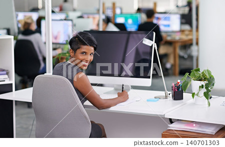 Computer screen, portrait and happy business woman writing in office with mockup for web design, planning or research. Pc, face or lady designer online for creative idea inspiration, faq or IT Computer screen, portrait and happy business woman writing in office with mockup for web design, planning or research. Pc, face or lady designer online for creative idea inspiration, faq or IT 140701303