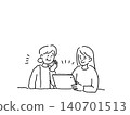 A line drawing of a senior woman and her daughter talking while looking at a tablet. 140701513