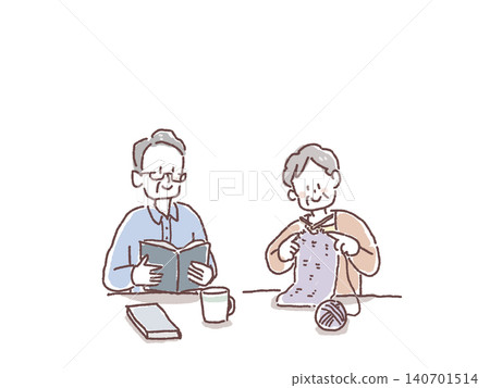An elderly couple who enjoy knitting and reading 140701514