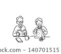 An elderly couple enjoying knitting and reading, line drawing. 140701515