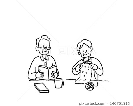 An elderly couple enjoying knitting and reading, line drawing. 140701515