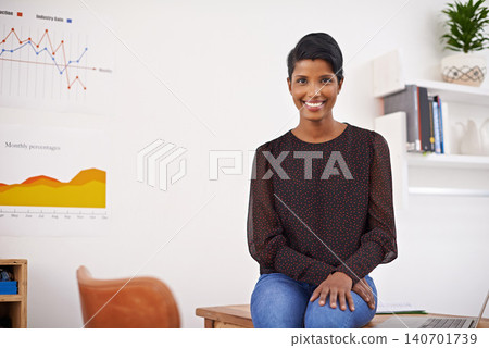 Business woman, portrait or office for online research or productivity or internet to work on finance proposal. Indian person, consultant and happy face in startup for working and laptop for project 140701739