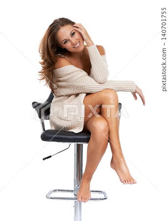 Casual, chair and portrait of happy woman in underwear with fashion, aesthetic style and wellness in studio. Lingerie, confidence and girl with smile, luxury and comfort isolated on white background Casual, chair and portrait of happy woman in underwear with fashion, aesthetic style and wellness in studio. Lingerie, confidence and girl with smile, luxury and comfort isolated on white background 140701755