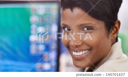 Business woman, portrait and digital administrator at a computer with smile and ready for work. Tech, desk and happy african female professional with online job and confidence from admin career Business woman, portrait and digital administrator at a computer with smile and ready for work. Tech, desk and happy african female professional with online job and confidence from admin career 140701837