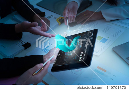 Business people collaborating with AI tablet for growth strategy Business people collaborating with AI tablet for growth strategy 140701870