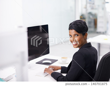 Computer, screen and portrait of happy business woman in office with mockup for web design, planning or research. Pc, face and female designer online for creative idea inspiration or faq 140701875