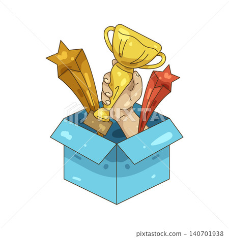 Illustration of hand holding a trophy and stars in a box Illustration of hand holding a trophy and stars in a box 140701938