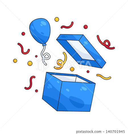 Illustration of open gift box with balloons and confetti Illustration of open gift box with balloons and confetti 140701945