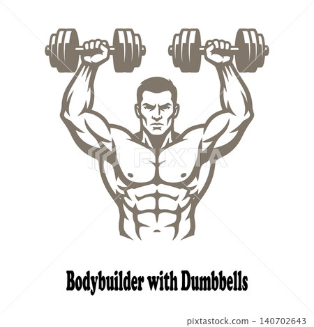 Bodybuilder with dumbbells icon featuring strong athletic man lifting weights Bodybuilder with dumbbells icon featuring strong athletic man lifting weights 140702643