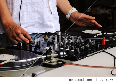 A man operating a mixer; a DJ motif; a club. A man operating a mixer; a DJ motif; a club. 140703266