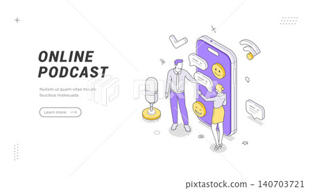 Online Podcast Isometric Vector Banner Illustration For Digital Audio Streaming Template 140703721
