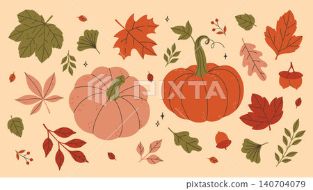 Autumn seasonal set of leaves and pumpkins. Vector graphics. Autumn seasonal set of leaves and pumpkins. Vector graphics. 140704079