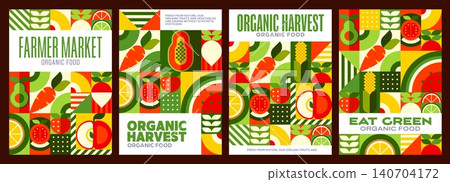 Fresh organic fruits and vegetables posters with geometric pattern. Abstract background of farm food mosaic with lemon, apple, watermelon and strawberry fruit, wheat, carrot or tomato vegetable shapes 140704172