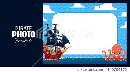 Kids photo frame with pirate sail ship and angry kraken octopus . Cartoon pirate sail ship with jolly roger and crew characters on ocean waves. Fun photo border and birthday party photobooth Kids photo frame with pirate sail ship and angry kraken octopus . Cartoon pirate sail ship with jolly roger and crew characters on ocean waves. Fun photo border and birthday party photobooth 140704173