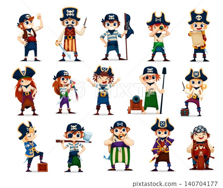 Cartoon kid corsair and pirate fighters, captain, boatswain, skipper and sailor funny characters. Vector cute pirate boys and girls, kid corsairs characters in costumes with treasure map, chest, sword 140704177