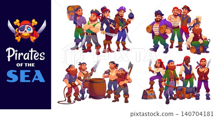 Cartoon pirate ship crew characters, funny corsairs collage with skull and crossbones. Happy pirate captain in hat, sailor with hook and gunners with cannon, boatswain and corsair skipper characters 140704181