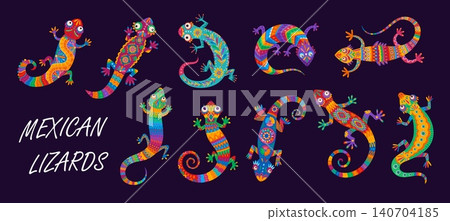 Mexican lizard reptile characters. Cartoon funny gecko lizards with vibrant color floral and geometric patterns. Traditional mexican folk art talavera animal mascots decorated with bright flowers 140704185