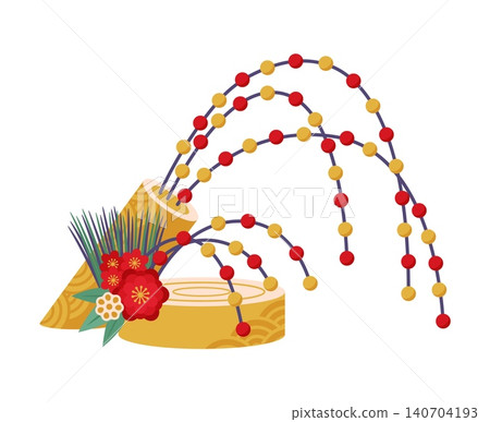 Traditional Japanese New Year kadomatsu decoration icon with cut bamboo logs, pine needles, red plum blossoms and red and gold bead branches on wooden base. Holiday ornament for celebration prosperity Traditional Japanese New Year kadomatsu decoration icon with cut bamboo logs, pine needles, red plum blossoms and red and gold bead branches on wooden base. Holiday ornament for celebration prosperity 140704193