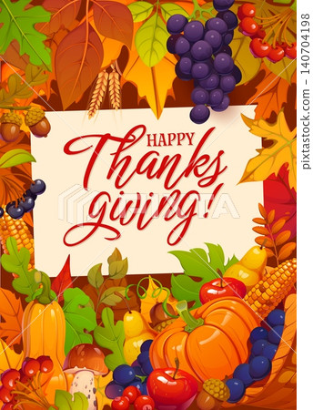 Happy Thanksgiving day banner. Thanksgiving season vector banner, October holiday greeting card. Autumn celebration flyer with leaves, fruits and berries, vegetables harvest, handwritten typography Happy Thanksgiving day banner. Thanksgiving season vector banner, October holiday greeting card. Autumn celebration flyer with leaves, fruits and berries, vegetables harvest, handwritten typography 140704198