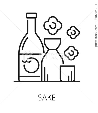 Japan sake bottle, Japanese travel line icon or symbol. Asian country journey lineart icon, Japan tour vector sign. Japanese travel symbol with sake alcohol drink or wine bobble, sakura flowers 140704224
