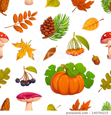 Autumn fall season leaves, mushrooms, berry and acorn seamless pattern. Wrapping paper vector background, seamless print. Repeated details pattern with autumn pumpkin, fungi, tree berries and leaves Autumn fall season leaves, mushrooms, berry and acorn seamless pattern. Wrapping paper vector background, seamless print. Repeated details pattern with autumn pumpkin, fungi, tree berries and leaves 140704225