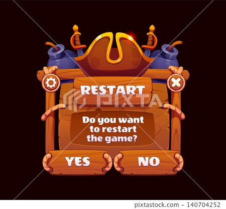 Cartoon pirate game UI restart confirmation popup window featuring wooden plank panel. Wooden pirate game frame decorated with glowing golden tricorn hat, crossed swords and cannons Cartoon pirate game UI restart confirmation popup window featuring wooden plank panel. Wooden pirate game frame decorated with glowing golden tricorn hat, crossed swords and cannons 140704252