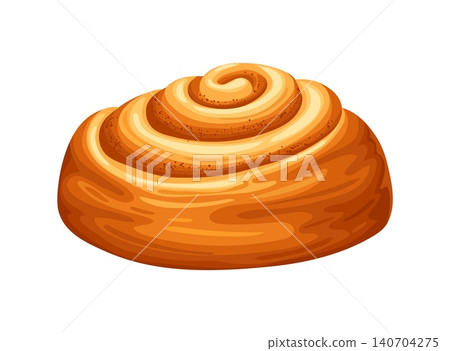 Golden sweet cinnamon bun, Danish roll bakery, swirl sugar pastry cookie spiral warm cinnamon bakery with soft flaky dough. Cozy morning breakfast food, sweet pastry Isolated cartoon dessert meal 140704275