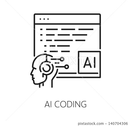 AI coding icon featuring robotic human head with circuit elements connected to browser window with lines of code and AI label. Minimalist icon for tech startups and software development platforms AI coding icon featuring robotic human head with circuit elements connected to browser window with lines of code and AI label. Minimalist icon for tech startups and software development platforms 140704306
