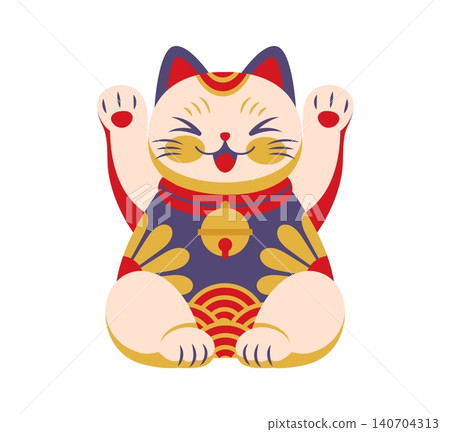 Japanese Maneki Neko lucky cat, traditional beckoning cat, symbol of good fortune and prosperity in Japan culture. Cartoon isolated kitten souvenir with raised paws, Asian patterns and golden bell Japanese Maneki Neko lucky cat, traditional beckoning cat, symbol of good fortune and prosperity in Japan culture. Cartoon isolated kitten souvenir with raised paws, Asian patterns and golden bell 140704313
