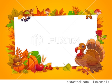Happy Thanksgiving day holiday banner with funny turkey, autumn harvest and leaves, berries and mushrooms. Autumn celebration vector flyer, Thanksgiving holiday greeting card. Fall harvest banner Happy Thanksgiving day holiday banner with funny turkey, autumn harvest and leaves, berries and mushrooms. Autumn celebration vector flyer, Thanksgiving holiday greeting card. Fall harvest banner 140704314