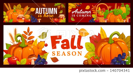 Autumn season banners with fall season harvest and tree leaves. Fall season flyer, Thanksgiving banner. Autumn greeting card with pumpkin vegetables, mushrooms and berries, forest leaves and honey 140704341