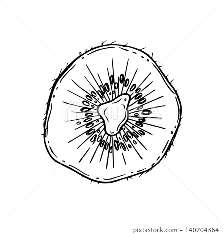 Kiwi fruit slice linear drawing. Hand drawn single circle cross section kiwi with juicy pulp and seed vector illustration. Healthy food and tropical fruit sketch for nutrition and wellness blogs Kiwi fruit slice linear drawing. Hand drawn single circle cross section kiwi with juicy pulp and seed vector illustration. Healthy food and tropical fruit sketch for nutrition and wellness blogs 140704364