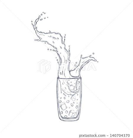 Glass of water with ice cube splashing vector illustration in engraving style. Hand drawn liquid movement line art black ink sketch. Refreshing cold drink, summer beverage, healthy hydration concept Glass of water with ice cube splashing vector illustration in engraving style. Hand drawn liquid movement line art black ink sketch. Refreshing cold drink, summer beverage, healthy hydration concept 140704370