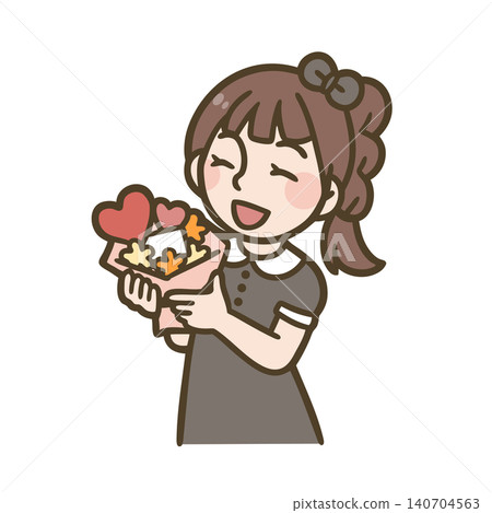 一幅描繪面帶微笑的女孩贈送禮物的插圖。 140704563