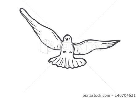 Flying dove sketch painted by black inks. Hand drawn pigeon with spread wings vector isolated illustration. Symbol of peace, freedom and hope for design element, sign, icon or emblem. Flying dove sketch painted by black inks. Hand drawn pigeon with spread wings vector isolated illustration. Symbol of peace, freedom and hope for design element, sign, icon or emblem. 140704621