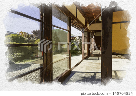 Watercolor style painting: Engawa (veranda) of Katsuraensha, Aoyama Historical Village, Tamba-Sasayama City, Hyogo Prefecture Watercolor style painting: Engawa (veranda) of Katsuraensha, Aoyama Historical Village, Tamba-Sasayama City, Hyogo Prefecture 140704834