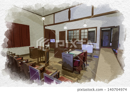 Watercolor style painting: Former Sasayama Courtroom, Tamba-Sasayama City Historical Museum, Tamba-Sasayama City, Hyogo Prefecture 140704974