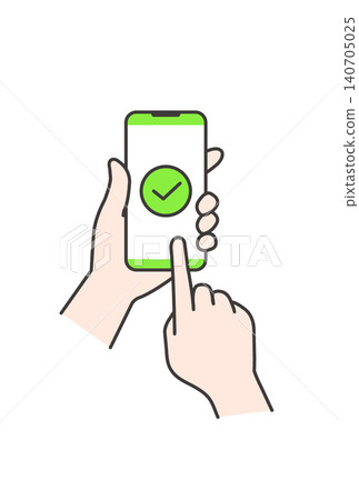 An illustration showing a checkmark on a smartphone screen indicating that payment has been completed (green, cashless, operation material). An illustration showing a checkmark on a smartphone screen indicating that payment has been completed (green, cashless, operation material). 140705025