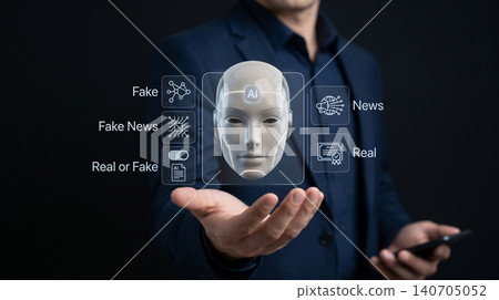A businessman holds a digital interface featuring an ai robot head and icons for fake news representing the challenge of verifying information in the digital era A businessman holds a digital interface featuring an ai robot head and icons for fake news representing the challenge of verifying information in the digital era 140705052