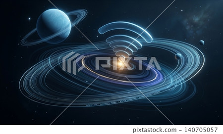 Futuristic wifi signal concept featuring glowing data rings and orbital planets in deep space for global network connectivity Futuristic wifi signal concept featuring glowing data rings and orbital planets in deep space for global network connectivity 140705057