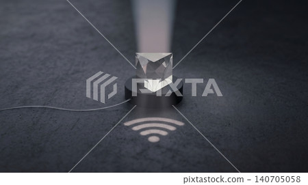 A crystal prism projecting a wifi signal symbol onto a dark textured surface representing modern wireless connectivity A crystal prism projecting a wifi signal symbol onto a dark textured surface representing modern wireless connectivity 140705058