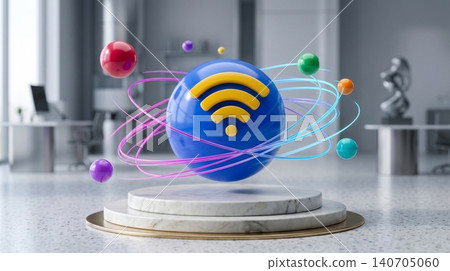 3d render of a golden wi fi symbol floating above a marble pedestal with colorful orbiting spheres in a modern blurred office space for connectivity 3d render of a golden wi fi symbol floating above a marble pedestal with colorful orbiting spheres in a modern blurred office space for connectivity 140705060